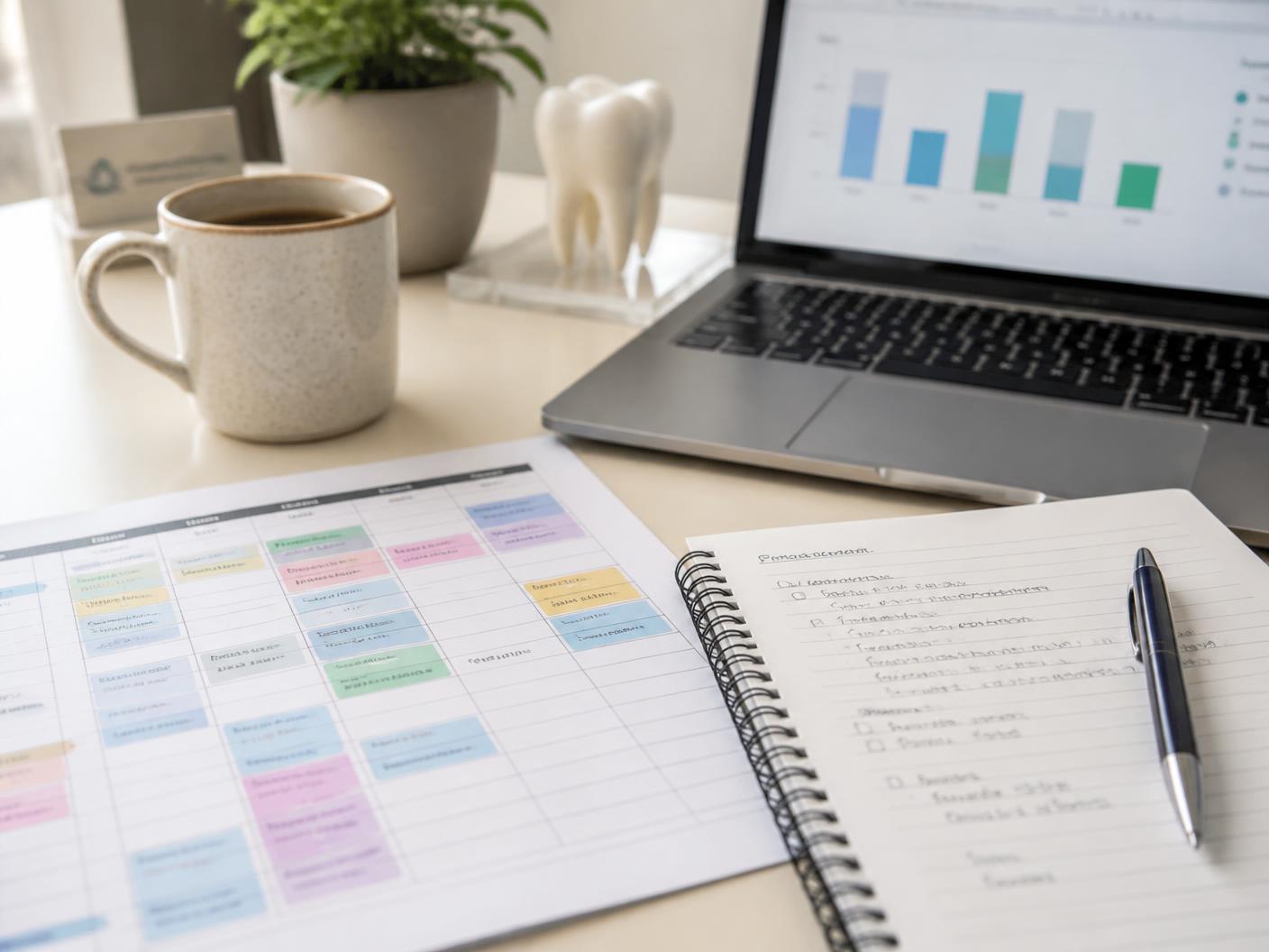 Practice schedule, notes, and performance dashboard on a desk
